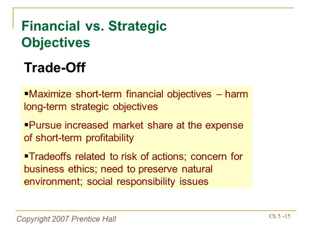 Copyright 2007 Prentice Hall Ch 5 -15 Financial vs. Strategic Objectives Trade-Off Maximize short-term